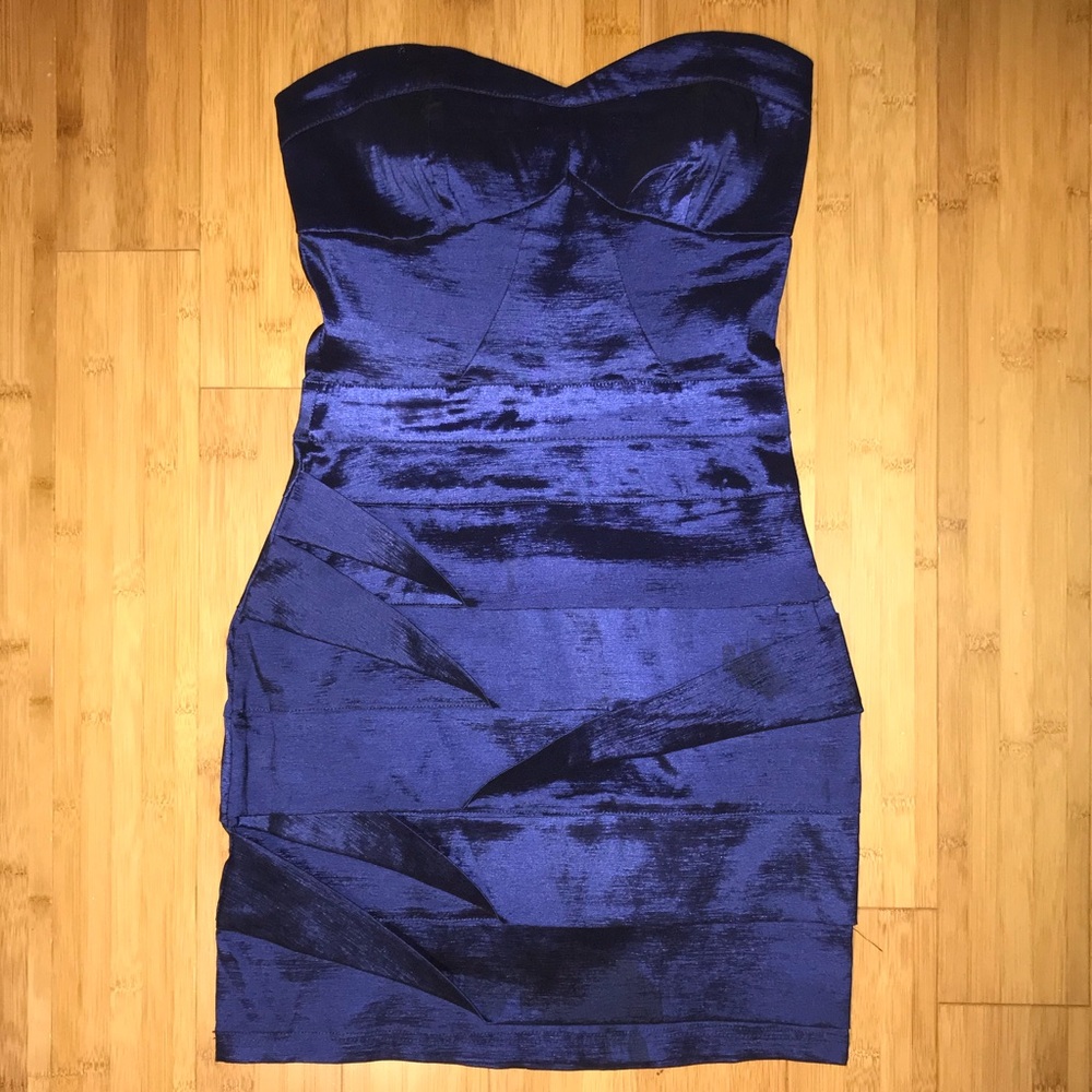 Midnight blue shimmery strapless dress.
